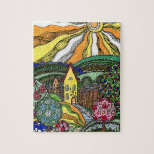 Whimsical Zentangle Fairytale House & Sunny Hills Jigsaw Puzzle