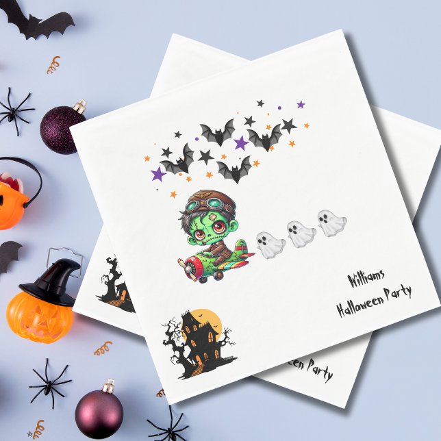 Whimsical Zombie Pilot Aeroplane Cute Ghosts & Bat Napkin (Creator Uploaded)