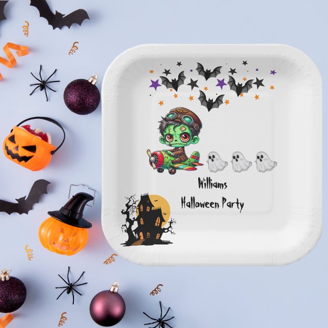 Whimsical Zombie Pilot Aeroplane Cute Ghosts & Bat Paper Plate (Creator Uploaded)