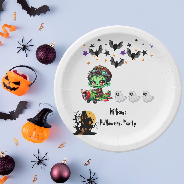 Whimsical Zombie Pilot Aeroplane Cute Ghosts & Bat Paper Plate (Creator Uploaded)