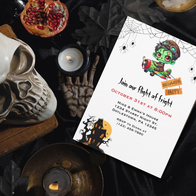 Whimsical Zombie Pilot Aeroplane Kids Halloween  Invitation (Invitation)