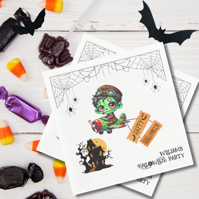 Whimsical Zombie Pilot Aeroplane Kids Halloween  Napkin (Personalize it with a name on the bottom right hand corner.)