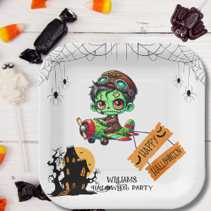 Whimsical Zombie Pilot Aeroplane Kids Halloween  Paper Plate
