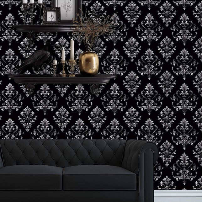 Whimsigoth Black and Silver Detailed Wallpaper (Whimsigoth Gray Damask on black wallpaper behind a black couch.)