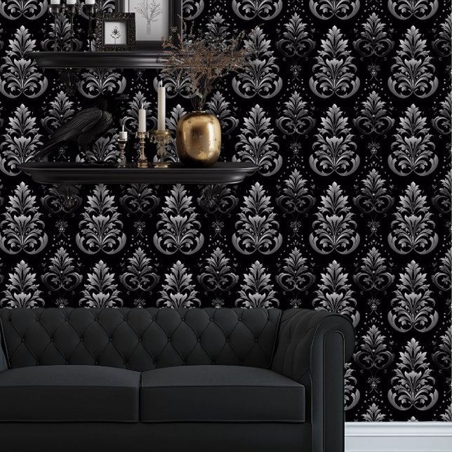 Whimsigoth Black and Silver Intricate Wallpaper (Whimsigoth Gray Damask on black wallpaper behind a black couch.)