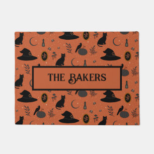 Whimsigoth Black Cat Witch Hat Terracotta Custom Doormat