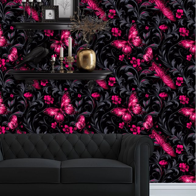 Whimsigoth Bright Magenta Butterflies Wallpaper (Whimsigoth Magent Butterflies and Dark Damask wallpaper behind a black couch.)