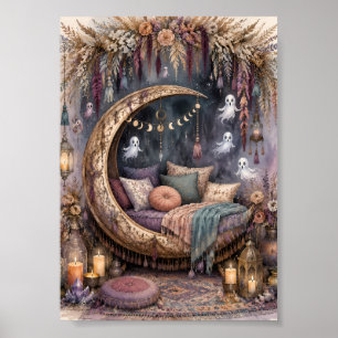 Whimsigoth Crescent Moon Bed Cozy Ghost Art Poster