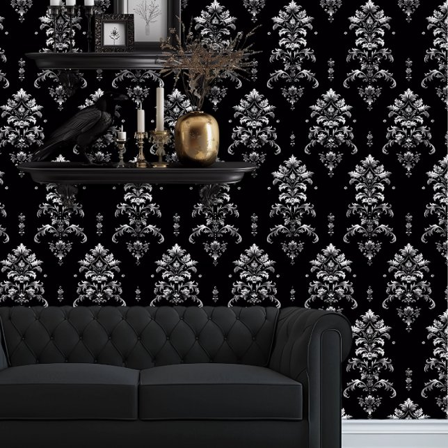 Whimsigoth Detailed Black and Silver Elegant Wallpaper (Whimsigoth Gray Damask on black wallpaper behind a black couch.)