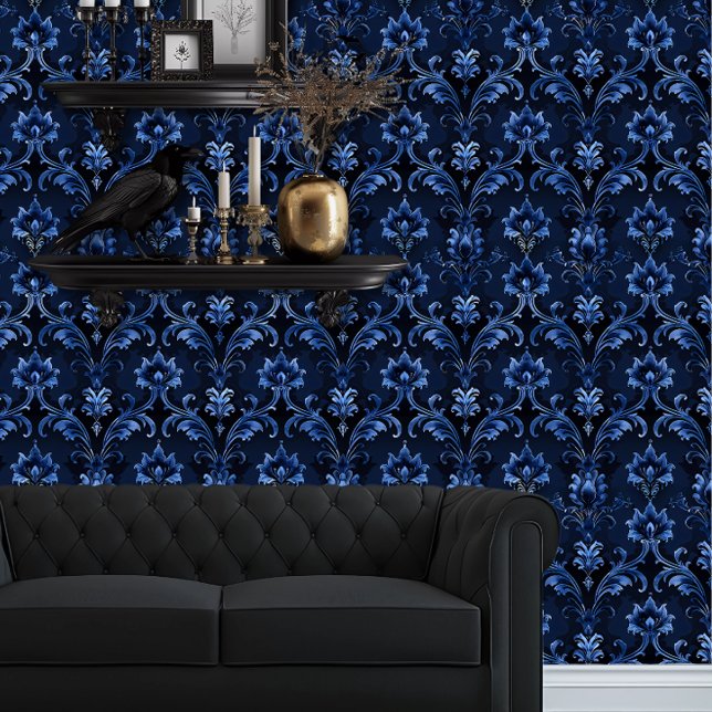 Whimsigoth Detailed Blue Wallpaper (Whimsigoth Dark Blue Damask wallpaper behind a black couch.)