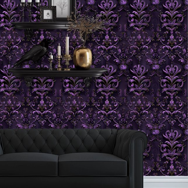 Whimsigoth Elegant Deep Purple Wallpaper (Whimsigoth Dark Purple & Black Damask wallpaper behind a black couch and black goth floating shelves)