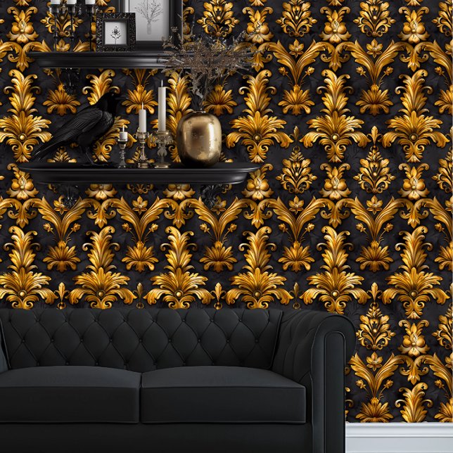 Whimsigoth Elegant Gold on Black Wallpaper (Whimsigoth Gold Damask on Black wallpaper behind a black couch.)