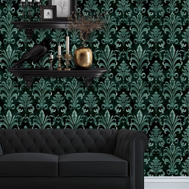 Whimsigoth Emerald Green Fleur Wallpaper (Whimsigoth Green Damask wallpaper behind a black couch.)