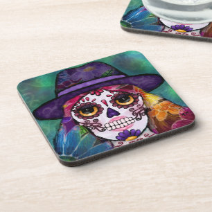 Whimsigoth Floral Hippie Psychedelic Skull Art Coaster