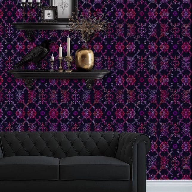 Whimsigoth Fractured Trellis Wallpaper (Whimsigoth Magenta and Purple Trellis wallpaper behind a black couch.)