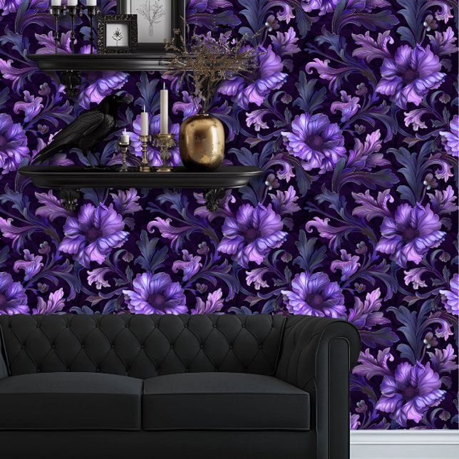 Whimsigoth Large Purple Flowers Wallpaper (Whimsigoth Dark Purple and Black floral wallpaper behind a black couch and goth floating shelves)
