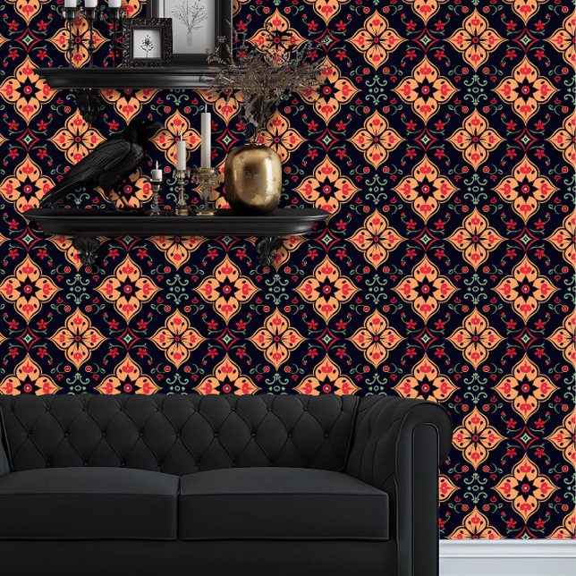 Whimsigoth Orange and Red Geometric Floral Wallpaper (Whimsigoth Orange and Red Geometric Floral Wallpaper behind a black couch.)