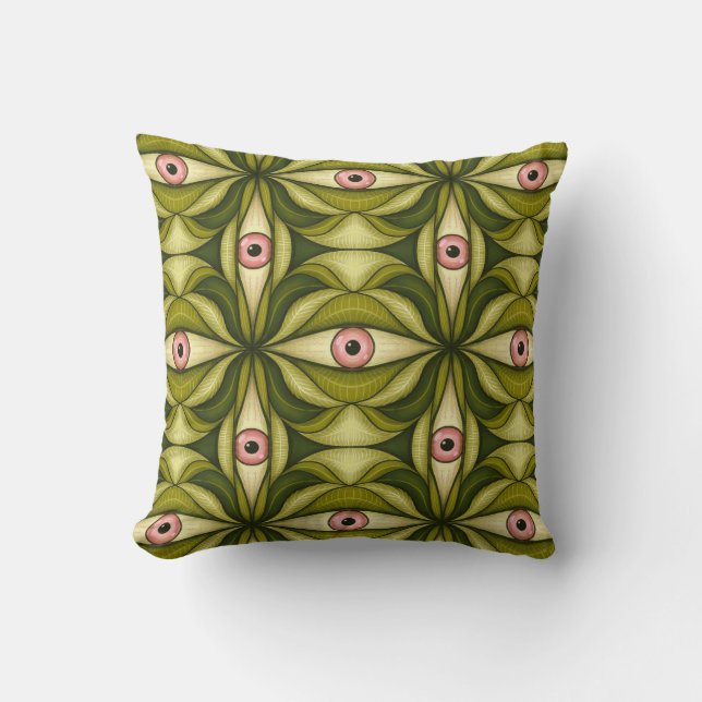 Whimsigoth Pink Eye Green Botanical Maximalist Art Cushion (Front)