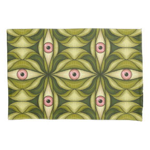 Whimsigoth Pink Eye Green Botanical Maximalist Art Pillowcase