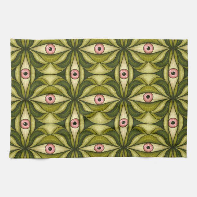 Whimsigoth Pink Eye Green Botanical Maximalist Art Tea Towel (Horizontal)