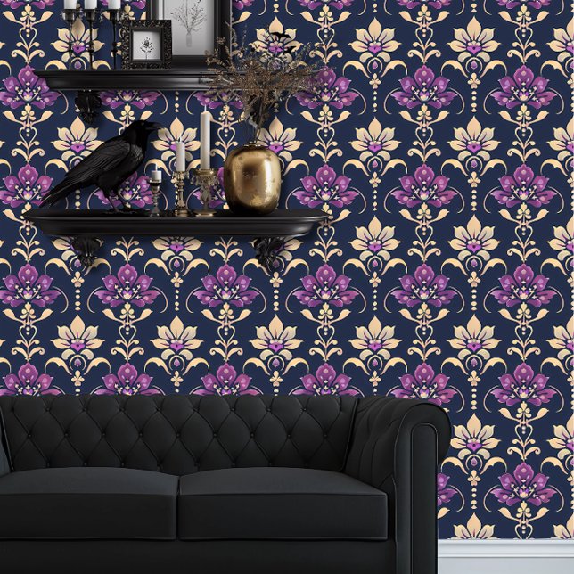 Whimsigoth Purple and Gold Floral Wallpaper (Whimsigoth Purple & Beige Damask wallpaper behind a black couch.)