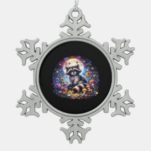Whimsigoth Raccoon By Moonlight, Cute Colorful Fan Snowflake Pewter Christmas Ornament