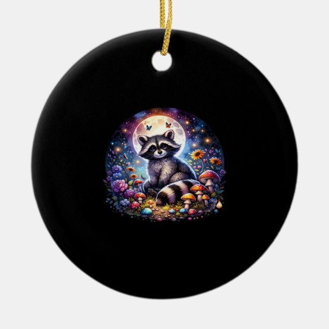 Whimsigoth Racoon By Moonlight, Cute Colourful Fan Ceramic Tree Decoration (Front)