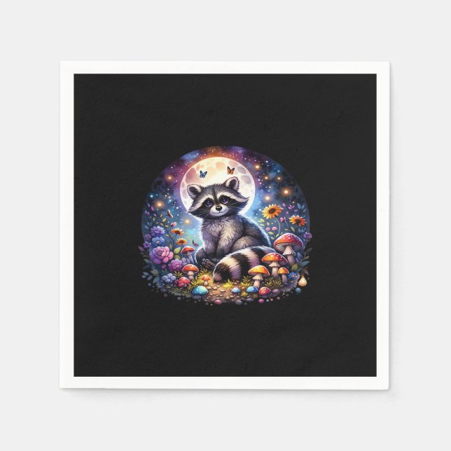 Whimsigoth Racoon By Moonlight, Cute Colourful Fan Napkin (Front)