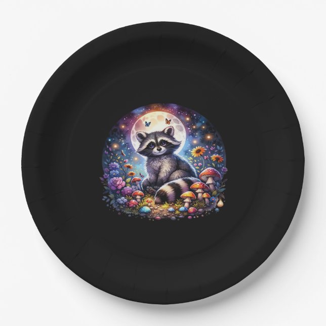 Whimsigoth Racoon By Moonlight, Cute Colourful Fan Paper Plate (Front)