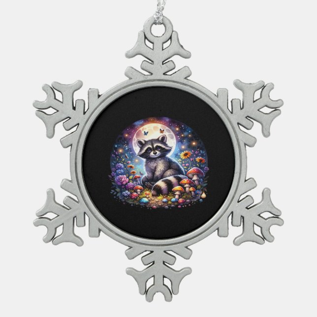 Whimsigoth Racoon By Moonlight, Cute Colourful Fan Snowflake Pewter Christmas Ornament (Front)