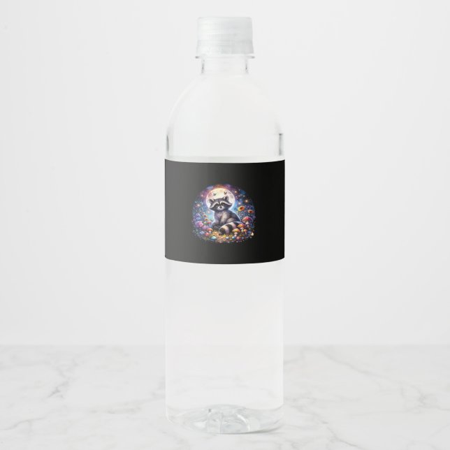 Whimsigoth Racoon By Moonlight, Cute Colourful Fan Water Bottle Label (Front)