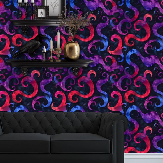 Whimsigoth Red, Cyan, and Purple Funky  Wallpaper (Whimsigoth Purple, Red, & Cyan Swirls wallpaper behind a black couch.)