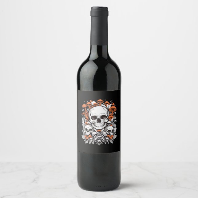 Whimsigoth Skulls & Mushrooms Vintage Botanical Ae Wine Label (Front)