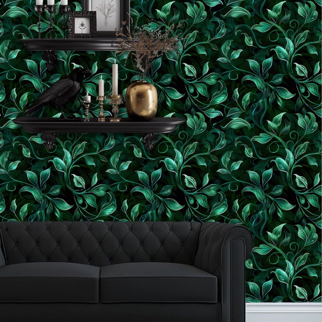 Whimsigoth Wild Green Vines Wallpaper (Whimsigoth Green Vines wallpaper behind a black couch.)