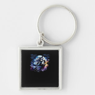 Whimsigoth Witch Flying Over Full Moon Women Kids Key Ring