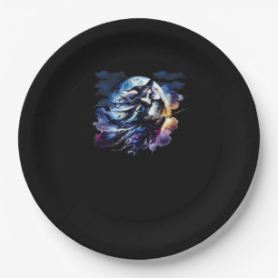 Whimsigoth Witch Flying Over Full Moon Women Kids Paper Plate