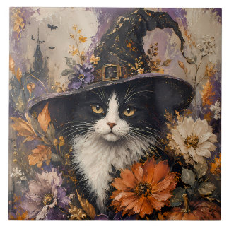 Whimsigothic Black Cat Witch Autumn Floral Tile