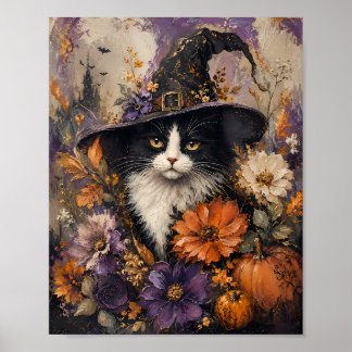 Whimsigothic Black Cat Witch Hat Autumn Floral Poster