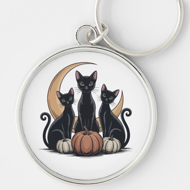 Whimsigothic Black Cats Pumpkin Moon Halloween  Key Ring (Front)