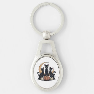 Whimsigothic Black Cats Pumpkin Moon Halloween Key Ring