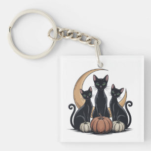 Whimsigothic Black Cats Pumpkin Moon Halloween Key Ring