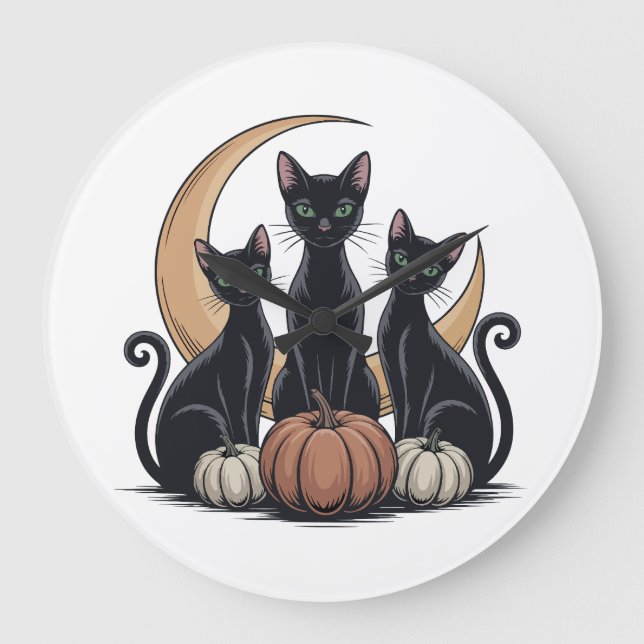 Whimsigothic Black Cats Pumpkin Moon Halloween Wal Large Clock (Front)