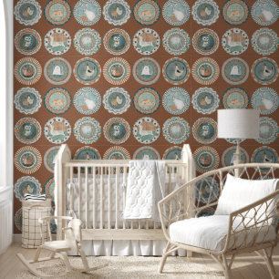 Whimsy Animal Plate Gallery Terracotta Teal Aqua Wallpaper