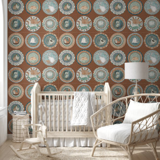 Whimsy Animal Plate Gallery Terracotta Teal Aqua Wallpaper