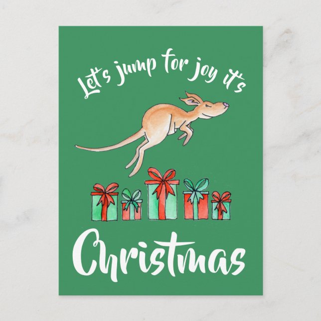 Whimsy art kangaroo jump Christmas postcard (Front)