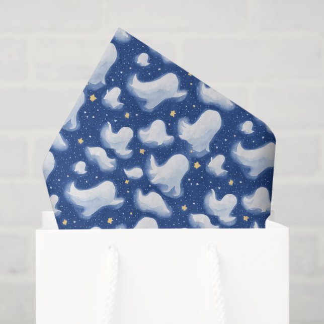Whimsy Blue White Ghost Halloween Night Stars Sky  Tissue Paper (Gift Bag)