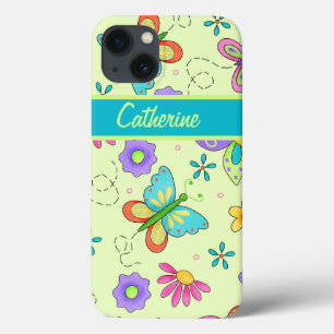 Whimsy Butterflies on Green Custom Name iPhone 13 Case