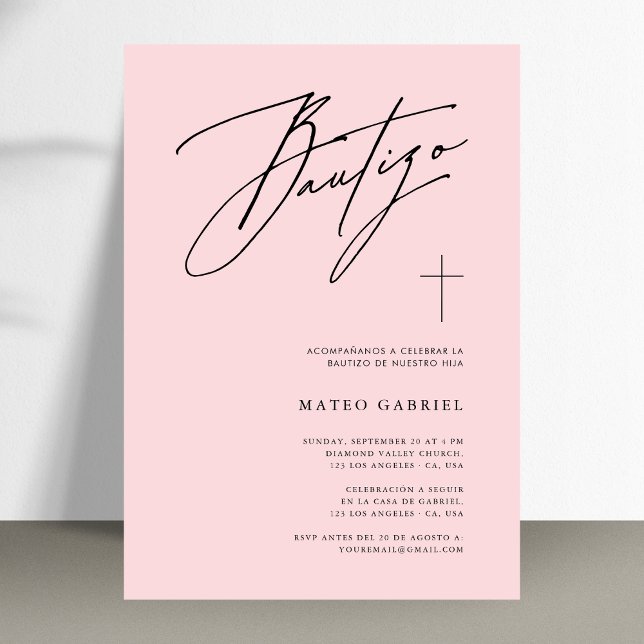 Whimsy Calligraphy Baptism Pink Spanish Bautizo Invitation (Creator Uploaded)
