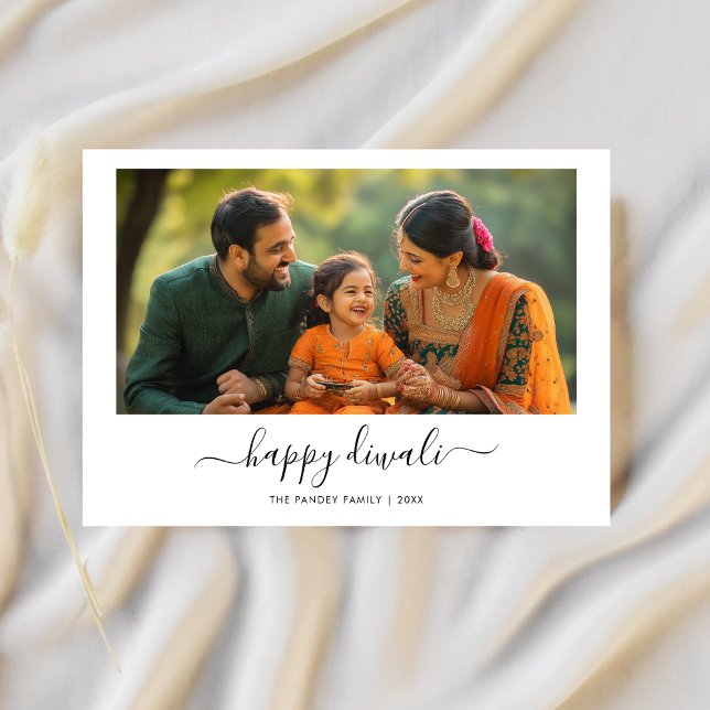 Whimsy Calligraphy Black White Happy Diwali Photo Holiday Card (Creator Uploaded)