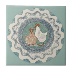 Whimsy Chickens Mint Blue Terracotta Teal Aqua Tile